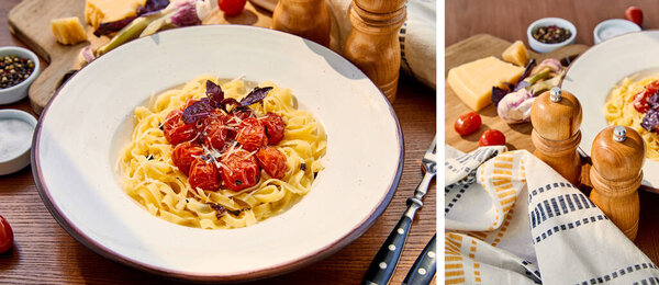 collage of delicious pasta with tomatoes, basil and parmesan served on wooden table in sunlight