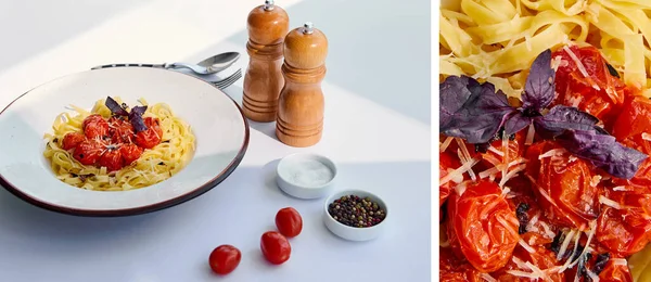 トマトとおいしいパスタのコラージュは 日光の下で白いテーブルの上にカトラリー コショウ工場で提供 — ストック写真