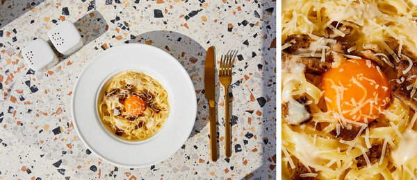 collage of delicious pasta carbonara served with golden cutlery, salt and pepper shakers on stone table in sunlight