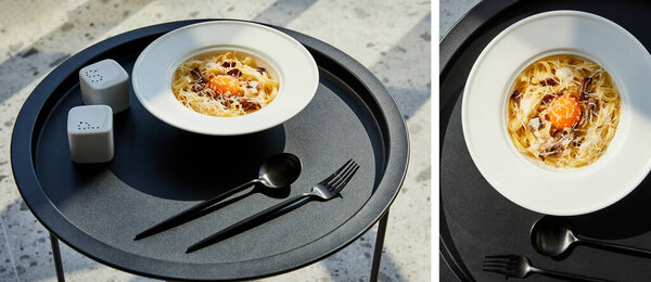 collage of delicious pasta carbonara served with cutlery, seasoning on black table on marble background in sunlight