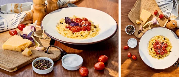 Collage Delicious Pasta Tomatoes Served Wooden Table Napkin Seasoning Ingredients — Stock Photo, Image