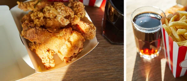 Collage Aus Frittiertem Hühnchen Pommes Frites Und Soda Glas Auf — Stockfoto