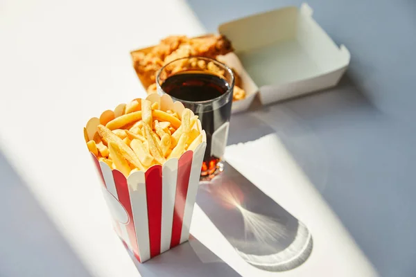 Selective Focus Tasty Deep Fried Chicken French Fries Soda Glass — Stock Photo, Image