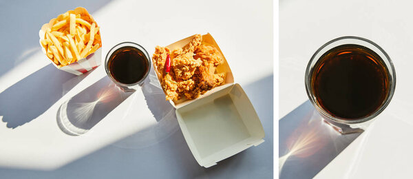 collage of tasty deep fried chicken, french fries and soda in glass on white table in sunlight