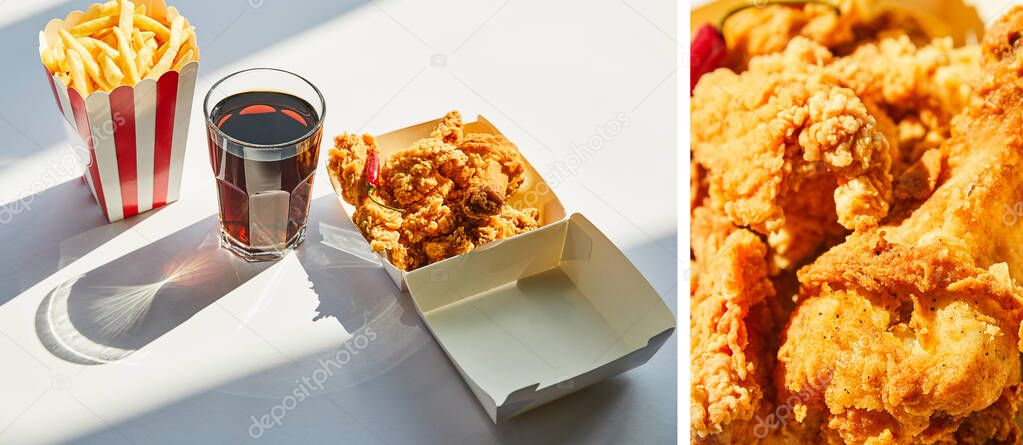 collage of tasty deep fried chicken, french fries and soda in glass on white table in sunlight