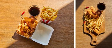Kızarmış tavuk kolajı, karton kaplarda patates kızartması ve güneş ışığında ahşap masada sodanın yanında soda.