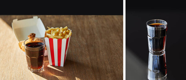 collage of deep fried chicken, french fries and soda in glass on wooden table in sunlight isolated on black