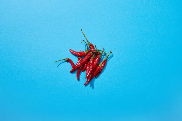 Vista Superior Los Chiles Picantes Rojos Sobre Fondo Colorido Azul — Foto de Stock