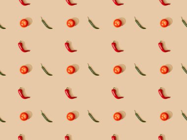 top view of red spicy chili peppers and jalapenos with tomatoes on beige background, seamless pattern clipart