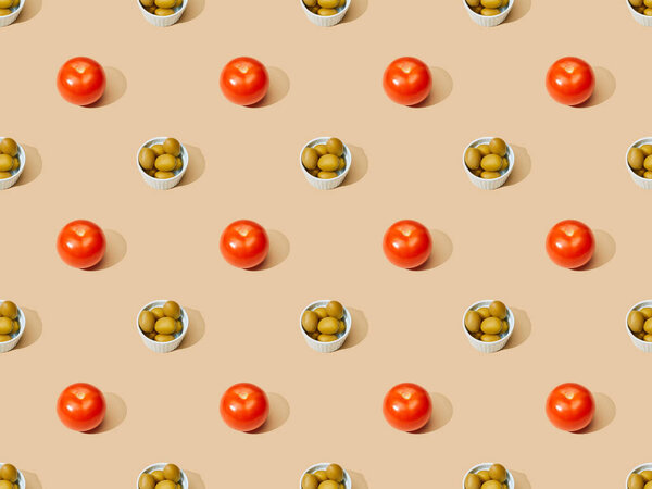olives in bowls with tomatoes on beige background, seamless pattern