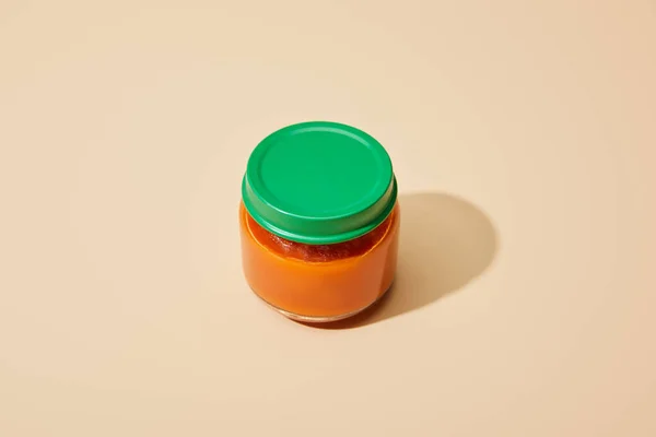 Fresh Tomato Puree Glass Jar Beige Background — Stock Photo, Image