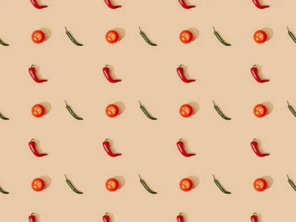 Top View Red Spicy Chili Peppers Jalapenos Tomatoes Beige Background — Stock Photo, Image