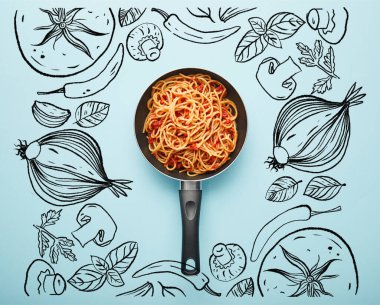 Mavi arka planda domates soslu leziz spagetti ve sebze çizimi.