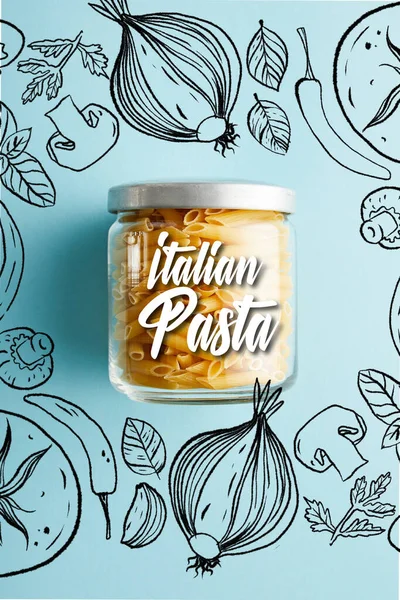 Top View Raw Penne Jar Italian Pasta Illustration Blue Background — Stock Photo, Image