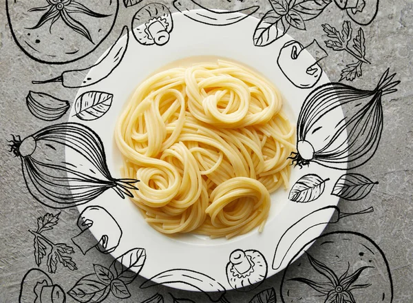 Vrchní Pohled Lahodné Špagety Talíři Šedém Texturovaném Povrchu Ilustrací Zeleniny — Stock fotografie