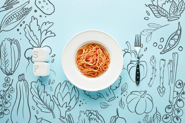 flat lay with delicious spaghetti with tomato sauce near fork, salt and pepper shakers on blue background with vegetables illustration