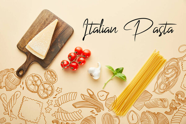 flat lay with delicious spaghetti with tomato sauce ingredients on yellow background with food illustration