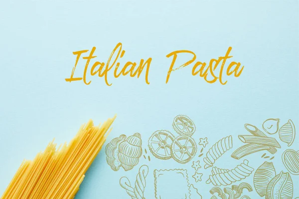 Vista Dall Alto Spaghetti Crudi Sfondo Blu Con Illustrazione Pasta — Foto Stock