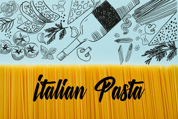 top view of raw spaghetti on blue background with Italian pasta illustration