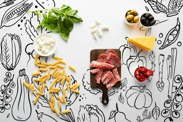 Draufsicht Auf Pasta Fleischplatte Käse Und Zutaten Auf Weiß Lebensmittelillustration — Stockfoto