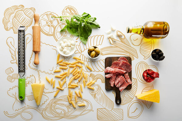 Flat lay with meat platter, bottle of olive oil, rolling pin, grater and ingredients on white background, food illustration