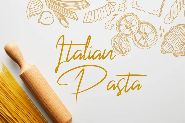 Top View Spaghetti Rolling Pin White Background Italian Pasta Illustration — Stock Photo, Image