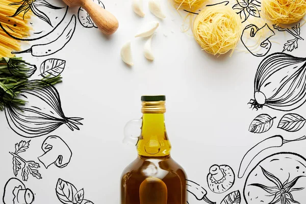 Top View Bottle Olive Oil Rolling Pin Pasta Garlic Rosemary — Stock Photo, Image