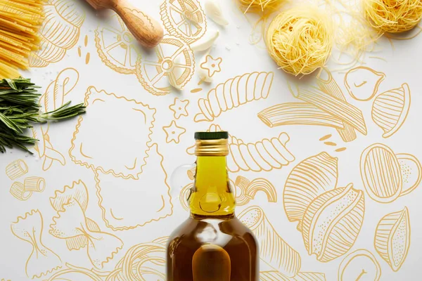 Top View Bottle Olive Oil Rolling Pin Pasta Garlic Rosemary — Stock Photo, Image