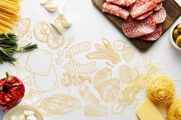 Ovanifrån Kött Fat Pasta Och Ingredienser Vit Bakgrund Mat Illustration — Stockfoto