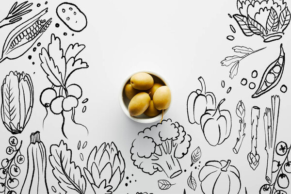 Верхний вид чаши с оливками на белом фоне, иллюстрация овощей
