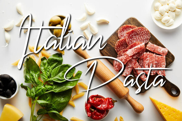 Top view of meat platter, rolling pin, basil leaves and ingredients on white background, italian pasta illustration