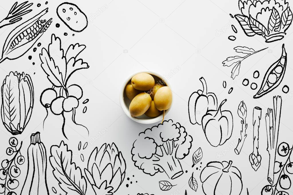 Top view of bowl with olives on white background, vegetables illustration