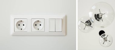 collage of power sockets near switch and light bulbs  clipart