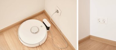 Duvardaki elektrik prizlerinin yakınındaki modern robotik elektrikli süpürge kolajı 