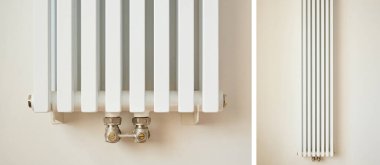 collage of white and modern heating radiators near walls in apartment  clipart
