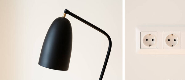 collage of black and modern lamp and power sockets on white wall