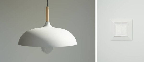 collage of modern switch and white lamp with light bulb 