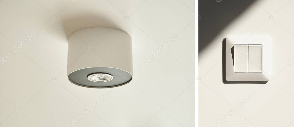 collage of halogen light bulb in lamp on white ceiling near switch in apartment 