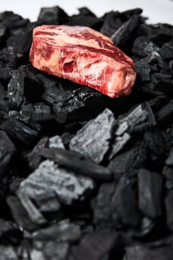 selective focus of fresh raw steak on black coals on white background clipart