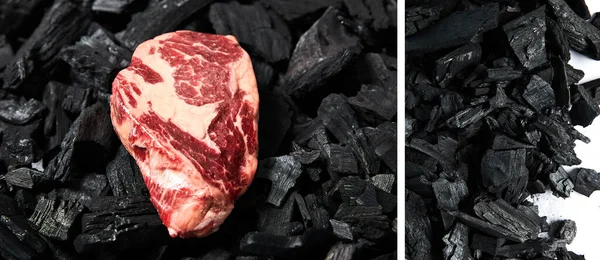 Colagem Bife Cru Fresco Carvões Pretos Sobre Fundo Branco — Fotografia de Stock