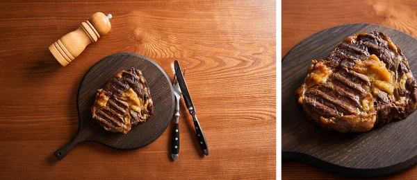Collage Steak Frais Grillé Bord Avec Couverts Moulin Sel Sur — Photo