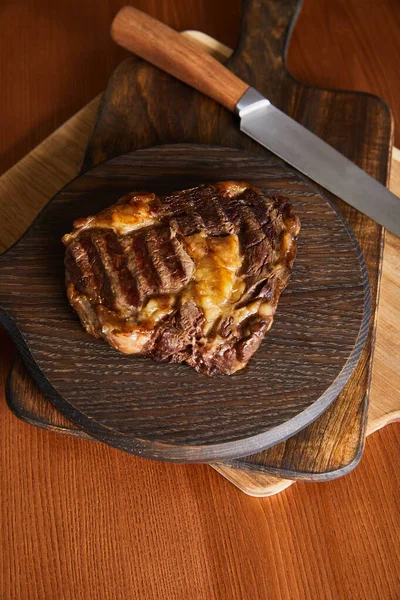 Tasty Grilled Steak Served Wooden Boards Knife — Stock Photo, Image