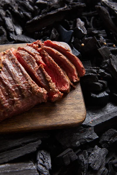 Cut Fresh Grilled Tasty Steak Rare Roasting Wooden Cutting Board — Stock Photo, Image