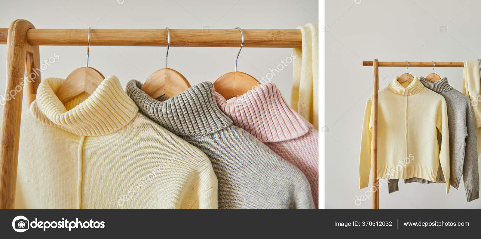 Collage Pink Beige Grey Knitted Soft Sweaters Hanging Wooden Rack Stock Photo By C Antonmatyukha 370512032