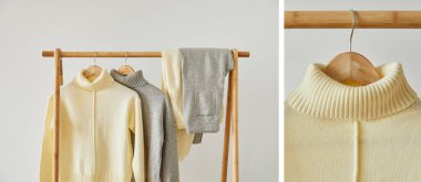 collage of beige and grey knitted soft sweaters and pants hanging on wooden hangers isolated on white clipart