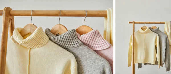 Collage Pink Beige Grey Knitted Soft Sweaters Hanging Wooden Rack — Stock Photo, Image