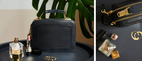 коллаж кожаной сумочки рядом с золотыми серьгами, духами и помадой на черном столе возле тропического листа
