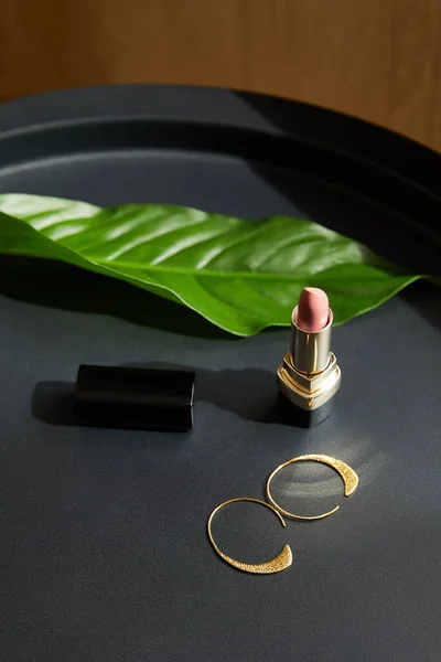 热带叶子黑色桌子上的金耳环和粉红口红 — 图库照片