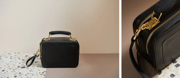 Collage Van Lederen Zwarte Handtas Met Gouden Ritsen Marmeren Oppervlak — Stockfoto
