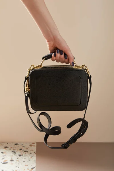 Cropped View Woman Holding Leather Black Handbag Golden Zippers Isolated — Stock Photo, Image